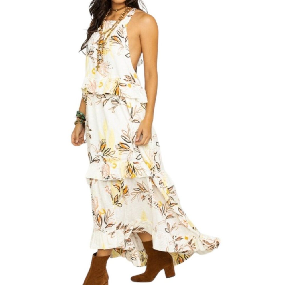 FREE PEOPLE Anita Printed Maxi Dress Endless Summer Ruffle Tier Ivory Floral Tie
